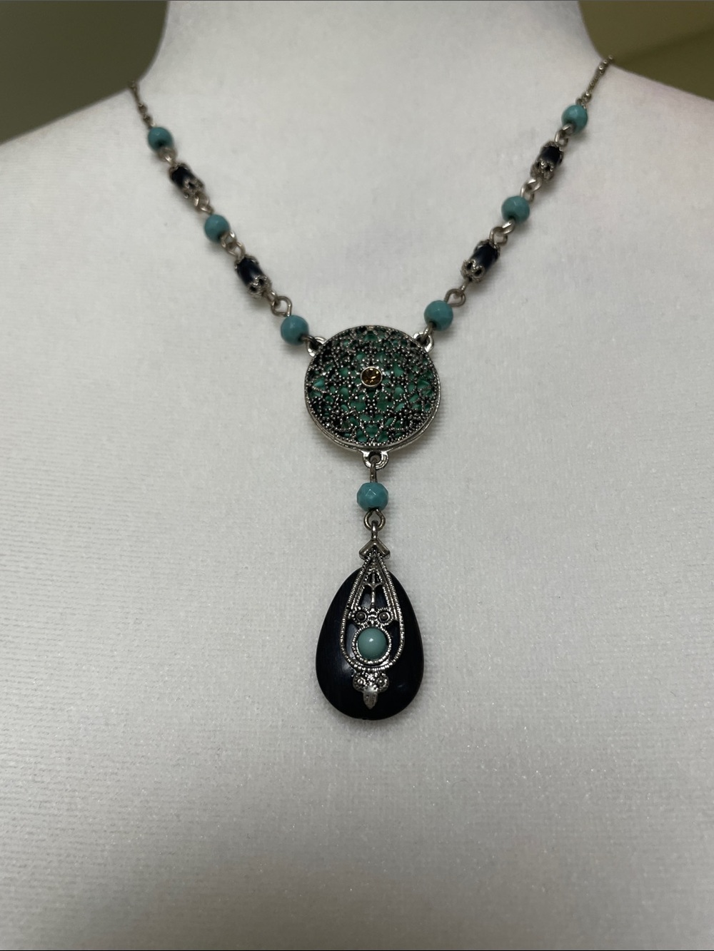 Nina Ricci Turquoise and Black Bead and Pendant Necklace